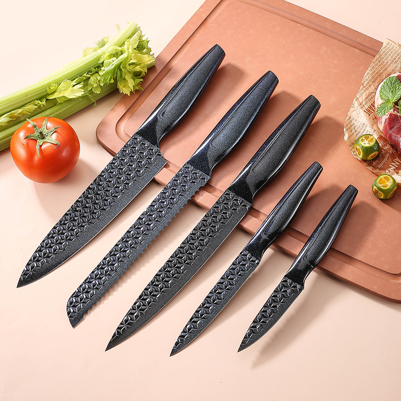 Hollow Handle Stainless Steel Chef Kitchen Knife Set with Diamond Pattern Design Blade